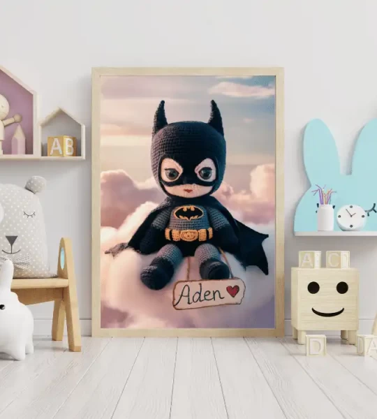 Personalized Batman Crochet Doll Digital Image Custom Child Name Art Trendy Superhero Decor for Kids Room Unique Wall Art Gift