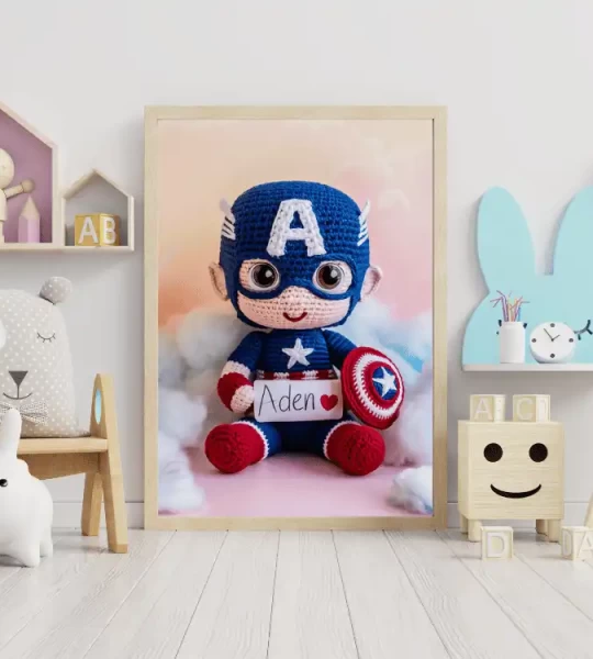 Custom Child Name Art Personalized Captain America Crochet Doll Digital Image Trendy Superhero Decor for Kids Room Unique Wall Art Gift