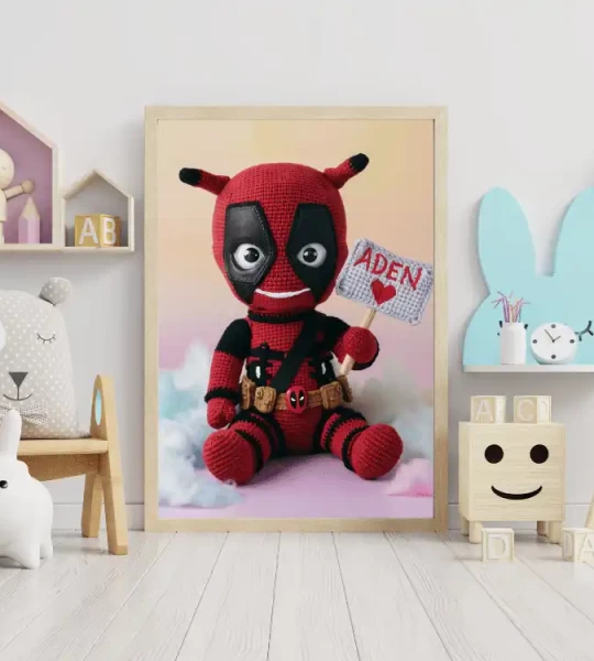 Unique Wall Art Gift Personalized Deadpool Crochet Doll Digital Image Custom Child Name Art Trendy Superhero Decor for Kids Room