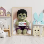 Trendy Superhero Decor for Kids Room Personalized Hulk Crochet Doll Digital Image Custom Child Name Art Unique Wall Art Gift