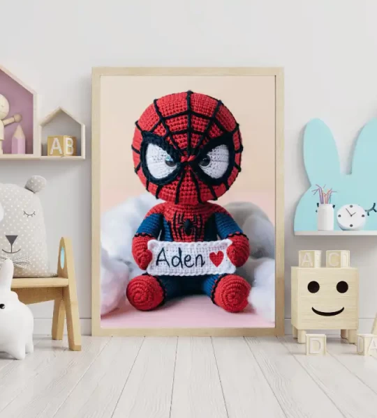 Custom Child Name Art Personalized Spiderman Crochet Doll Digital Image Unique Wall Art Gift Trendy Superhero Decor for Kids Room