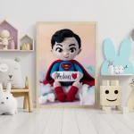 Unique Wall Art Gift Trendy Superhero Decor for Kids Room Personalized Superman Crochet Doll Digital Image Custom Child Name Art