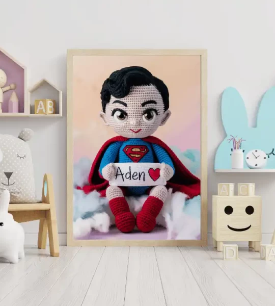 Unique Wall Art Gift Trendy Superhero Decor for Kids Room Personalized Superman Crochet Doll Digital Image Custom Child Name Art