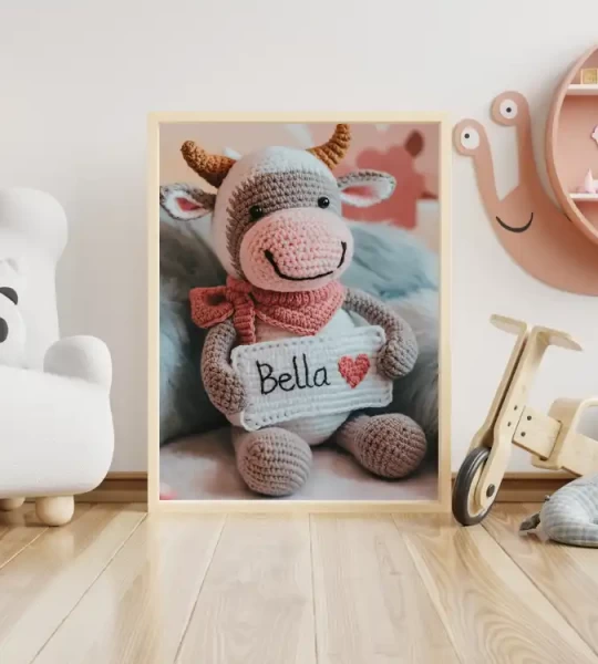 Custom Name Crochet Cow Prints Personalized Nursery Decor for Kids Bedrooms Adorable and Unique Baby Room Art