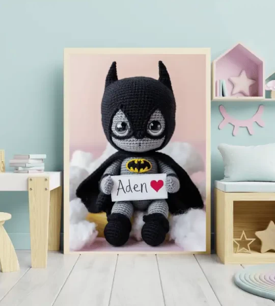 Personalized Batman Crochet Doll Digital Image Custom Child Name Art Trendy Superhero Decor for Kids Room Unique Wall Art Gift