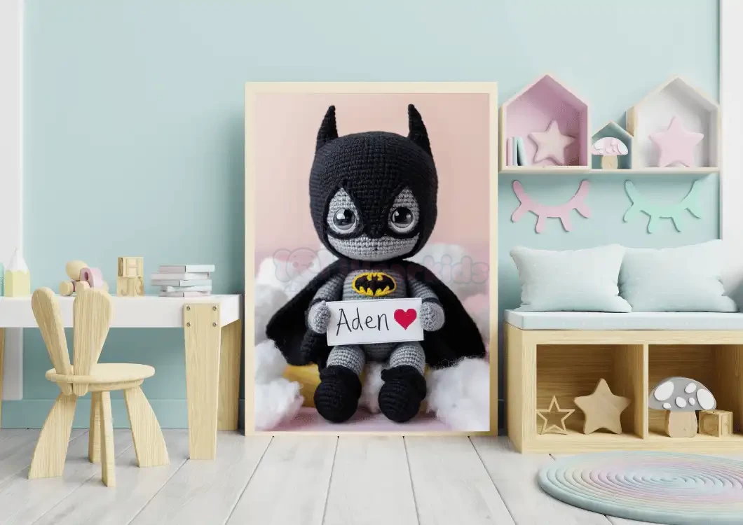 Personalized Batman Crochet Doll Digital Image Custom Child Name Art Trendy Superhero Decor for Kids Room Unique Wall Art Gift