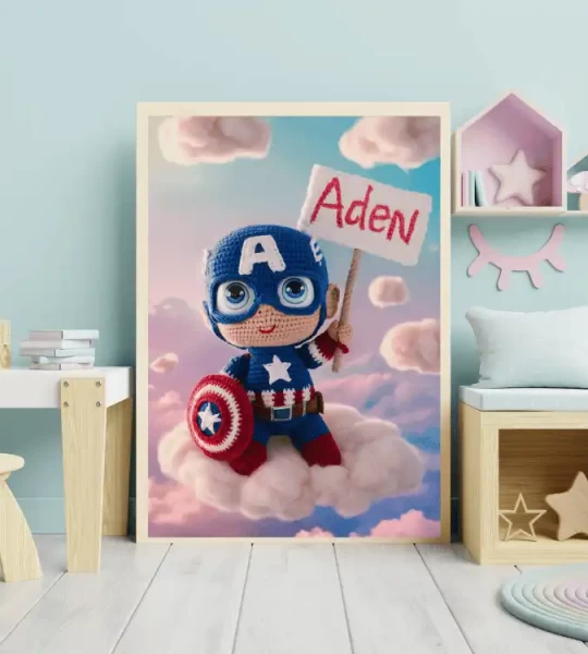 Custom Child Name Art Personalized Captain America Crochet Doll Digital Image Trendy Superhero Decor for Kids Room Unique Wall Art Gift