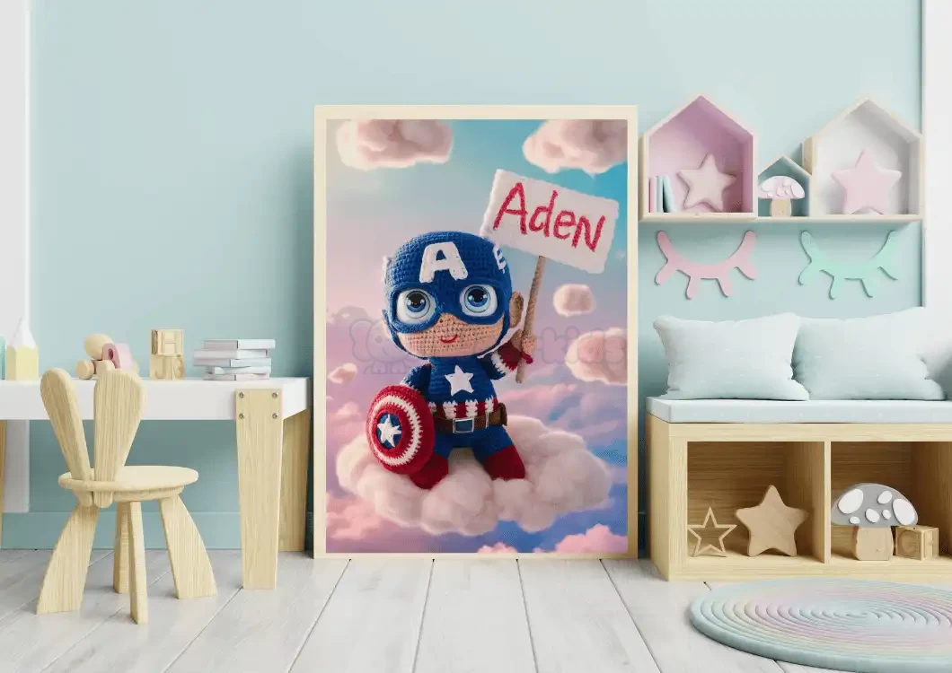 Custom Child Name Art Personalized Captain America Crochet Doll Digital Image Trendy Superhero Decor for Kids Room Unique Wall Art Gift