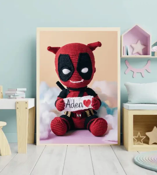 Unique Wall Art Gift Personalized Deadpool Crochet Doll Digital Image Custom Child Name Art Trendy Superhero Decor for Kids Room