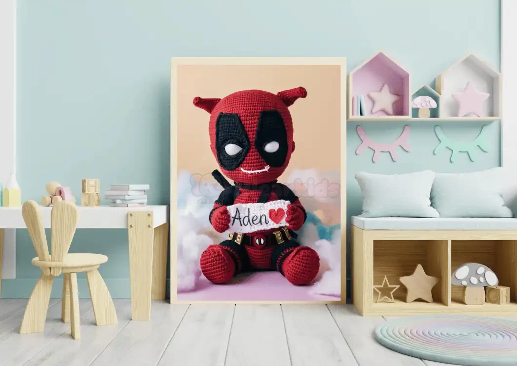 Unique Wall Art Gift Personalized Deadpool Crochet Doll Digital Image Custom Child Name Art Trendy Superhero Decor for Kids Room