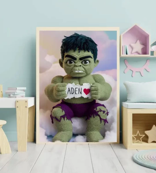 Trendy Superhero Decor for Kids Room Personalized Hulk Crochet Doll Digital Image Custom Child Name Art Unique Wall Art Gift