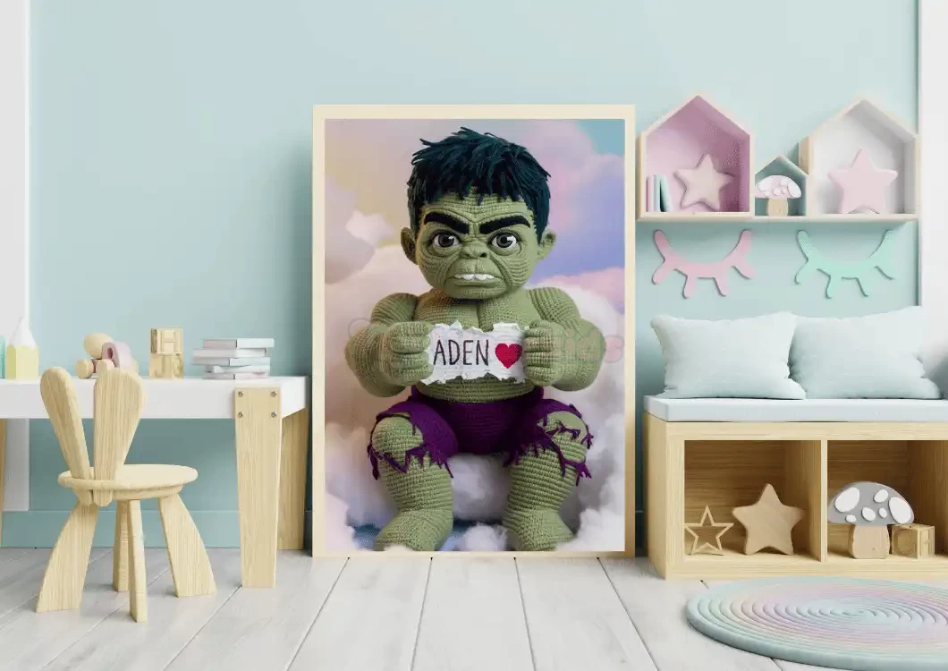 Trendy Superhero Decor for Kids Room Personalized Hulk Crochet Doll Digital Image Custom Child Name Art Unique Wall Art Gift