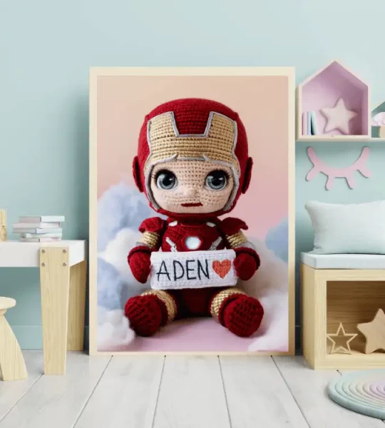 Ironman Crochet Doll Digital Image Personalized with Child's Name Trendy Superhero Decor for Kids Room Unique Wall Art Gift