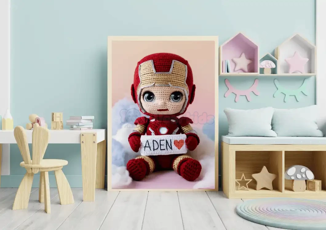 Ironman Crochet Doll Digital Image Personalized with Child's Name Trendy Superhero Decor for Kids Room Unique Wall Art Gift