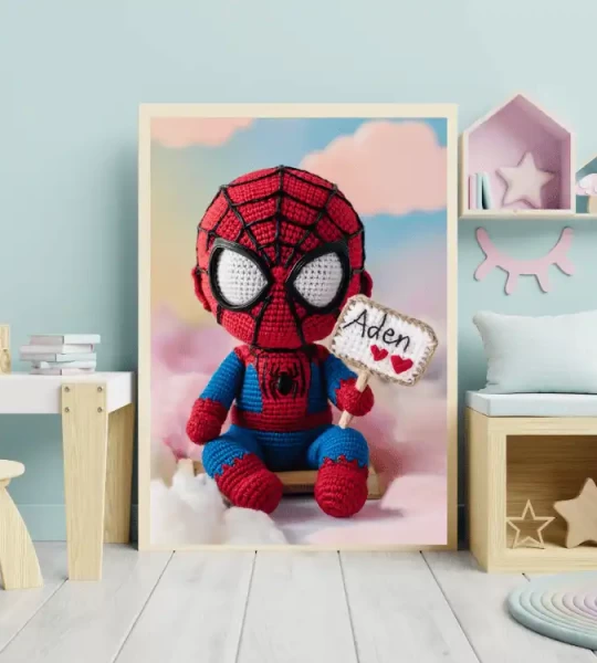 Custom Child Name Art Personalized Spiderman Crochet Doll Digital Image Unique Wall Art Gift Trendy Superhero Decor for Kids Room