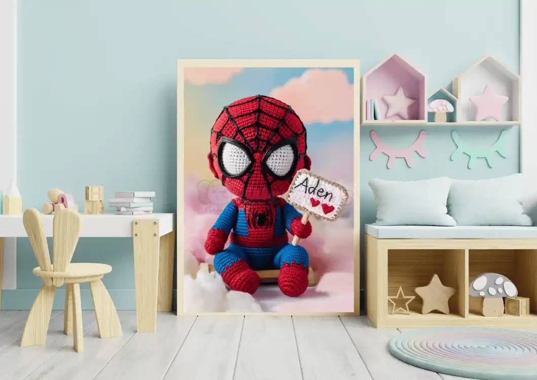 Custom Child Name Art Personalized Spiderman Crochet Doll Digital Image Unique Wall Art Gift Trendy Superhero Decor for Kids Room