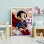 Unique Wall Art Gift Trendy Superhero Decor for Kids Room Personalized Superman Crochet Doll Digital Image Custom Child Name Art