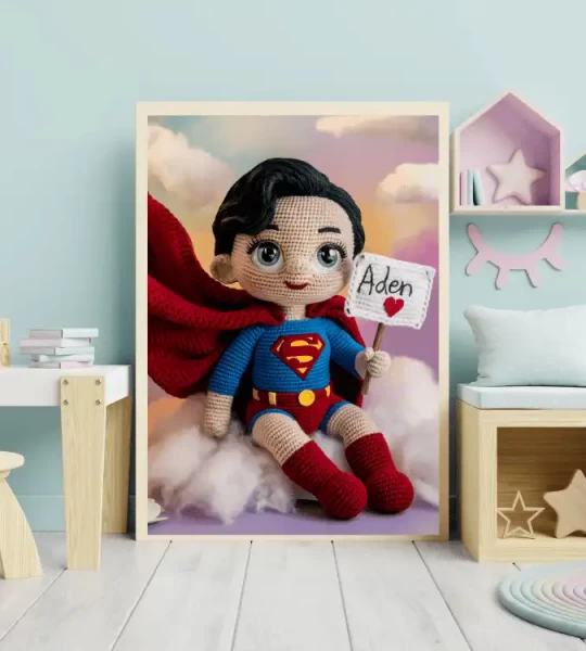 Unique Wall Art Gift Trendy Superhero Decor for Kids Room Personalized Superman Crochet Doll Digital Image Custom Child Name Art