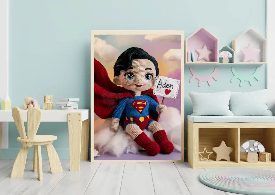 Unique Wall Art Gift Trendy Superhero Decor for Kids Room Personalized Superman Crochet Doll Digital Image Custom Child Name Art