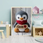 Personalized Printable Crochet Penguin Art Custom Name Nursery Decor for Children's Rooms Cute and Customizable Baby Shower Gifts