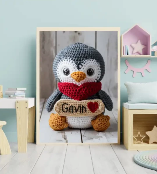 Personalized Printable Crochet Penguin Art Custom Name Nursery Decor for Children's Rooms Cute and Customizable Baby Shower Gifts