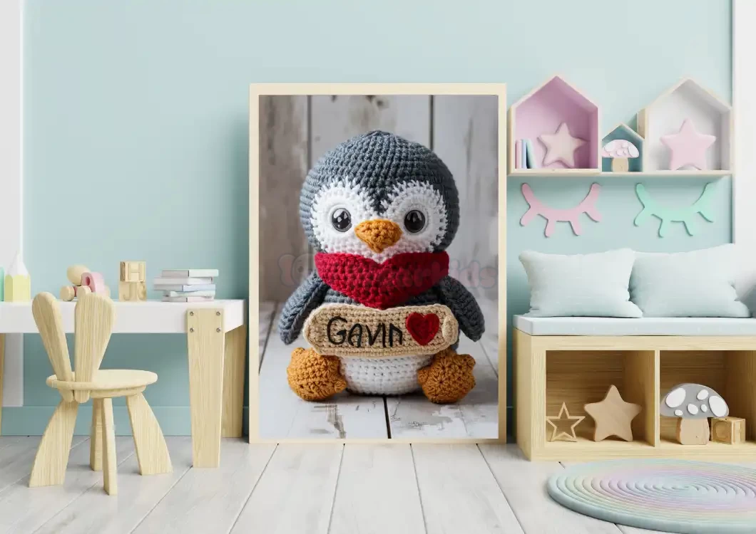 Personalized Printable Crochet Penguin Art Custom Name Nursery Decor for Children's Rooms Cute and Customizable Baby Shower Gifts