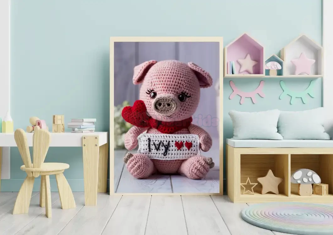 Custom Name Crochet Pig Prints Personalized Nursery Decor for Kids Bedrooms Adorable and Unique Baby Room Art