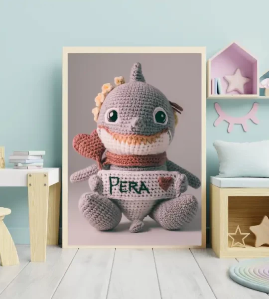 Custom Name Crochet Shark Wall Art Personalized Printables for Nursery and Kids Playrooms Unique and Fun Baby Decor