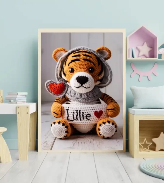 Printable Personalized Crochet Tiger Decor Custom Name Wall Art for Toddlers Rooms Unique and Fun Baby Shower Gifts