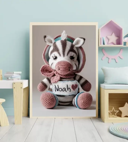 Custom Name Crochet Zebra Decor Printables Personalized Wall Art for Children's Rooms and Play Areas Trendy and Customizable Baby Decor