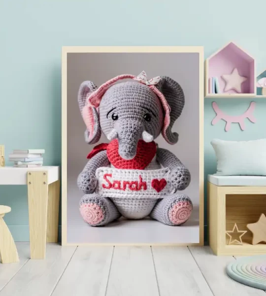 Custom Name Crochet Elephant Nursery Art Personalized Printable Decor for Baby Nurseries Trendy and Customizable Room Decor