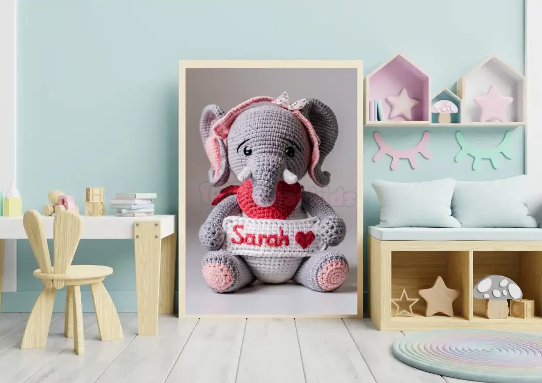 Custom Name Crochet Elephant Nursery Art Personalized Printable Decor for Baby Nurseries Trendy and Customizable Room Decor