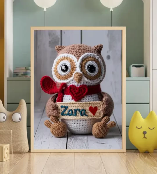 Personalized Printable Crochet Owl Art Custom Name Nursery Decor for Birthdays and Special Occasions Unique and Adorable Baby Gifts