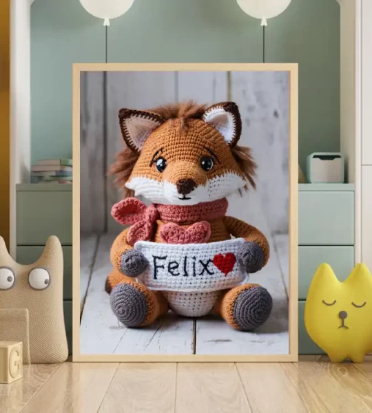 Personalized Printable Crochet Fox Art Custom Name Nursery Decor for Birthdays and Special Occasions Unique and Adorable Baby Gifts