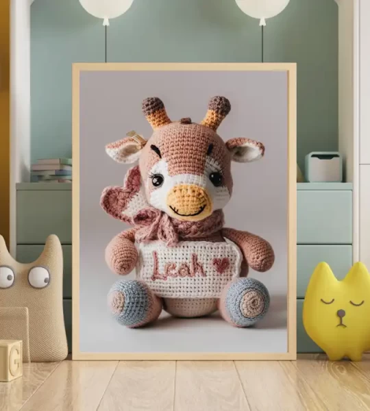 Custom Name Crochet Giraffe Art Printables Personalized Nursery Wall Decor for Kids Rooms Unique and Trendy Baby Gifts