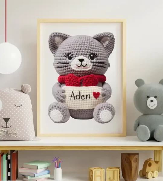 Custom Name Crochet Cat Wall Art Personalized Printables for Nursery and Kids Playrooms Unique and Fun Baby Decor