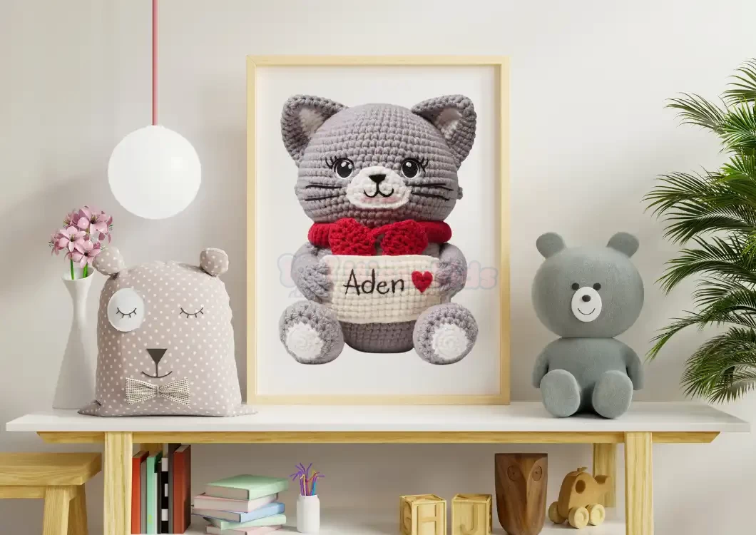 Custom Name Crochet Cat Wall Art Personalized Printables for Nursery and Kids Playrooms Unique and Fun Baby Decor