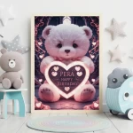 Personalized Digital Painting of Fluffy Teddy Bear with Light-Up Heart Sign Custom Happy Birthday Art Print