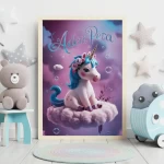 Personalized Unicorn Digital Art Print Custom Name Sign Whimsical Pastel Scene Neon Accents 3D Render and Vibrant Typography