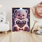 Personalized Digital Painting of Fluffy Teddy Bear with Light-Up Heart Sign Custom Happy Birthday Art Print