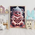 Personalized Digital Painting of Fluffy Teddy Bear with Light-Up Heart Sign Custom Happy Birthday Art Print