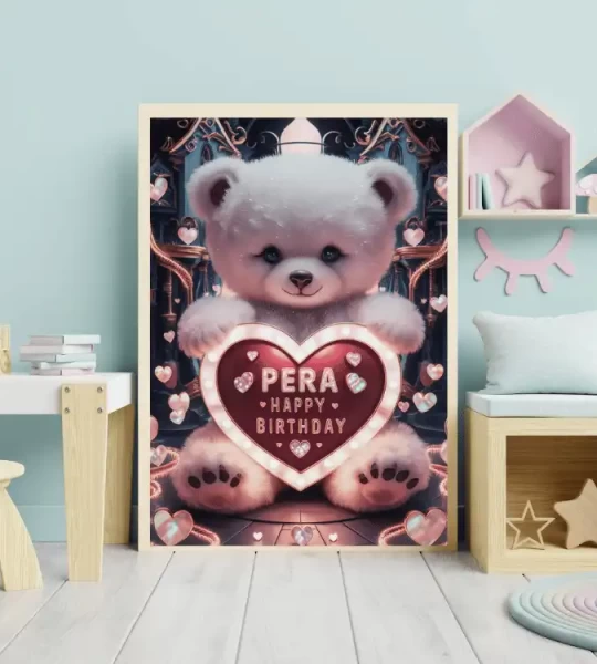 Personalized Digital Painting of Fluffy Teddy Bear with Light-Up Heart Sign Custom Happy Birthday Art Print