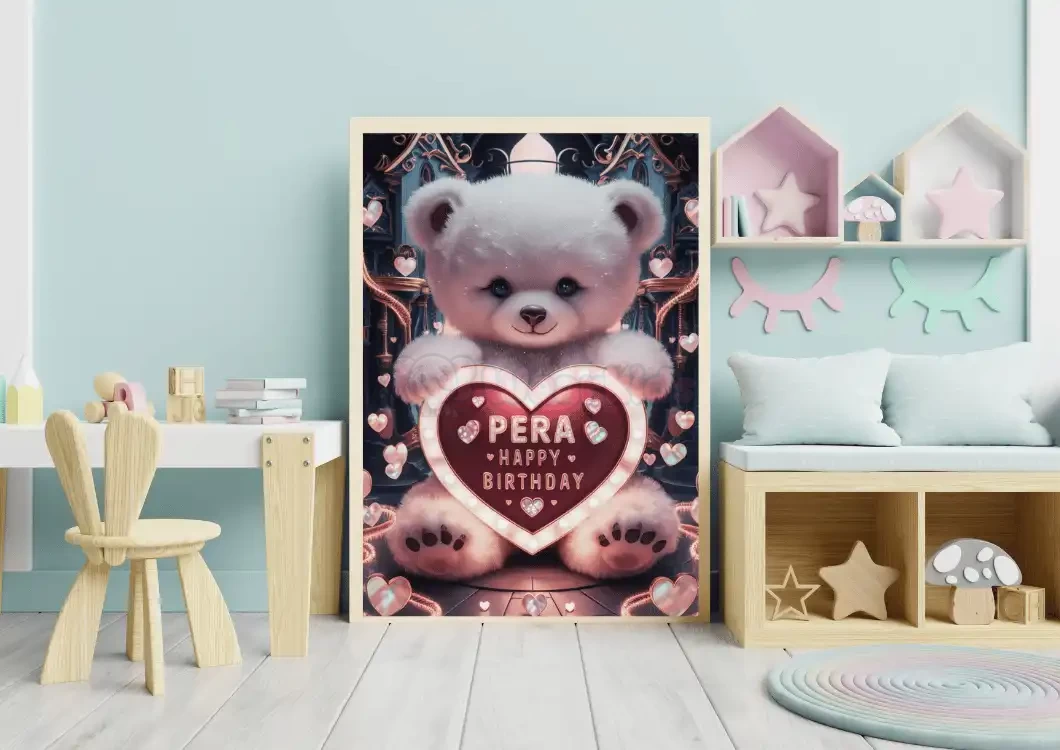 Personalized Digital Painting of Fluffy Teddy Bear with Light-Up Heart Sign Custom Happy Birthday Art Print