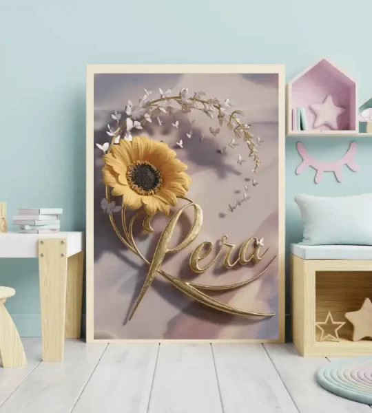 Personalized Sophisticated Sunflower Name Sign 3D Render Nursery Wall Decor Custom Print Name Sign Art Customized Nursery Art Prints