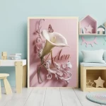 Personalized Calla Lily Digital Art for Kids Rooms Custom 3D Render Name Sign Elegant Nursery Wall Decor