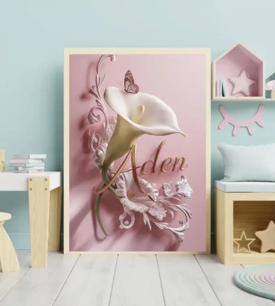 Personalized Calla Lily Digital Art for Kids Rooms Custom 3D Render Name Sign Elegant Nursery Wall Decor