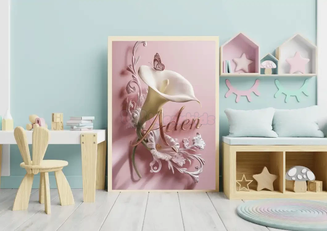 Personalized Calla Lily Digital Art for Kids Rooms Custom 3D Render Name Sign Elegant Nursery Wall Decor