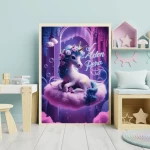 Personalized Unicorn Digital Art Print Custom Name Sign Whimsical Pastel Scene Neon Accents 3D Render and Vibrant Typography