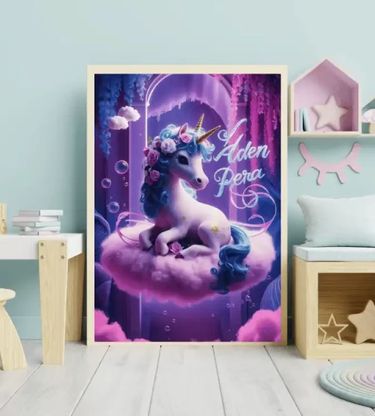 Personalized Unicorn Digital Art Print Custom Name Sign Whimsical Pastel Scene Neon Accents 3D Render and Vibrant Typography