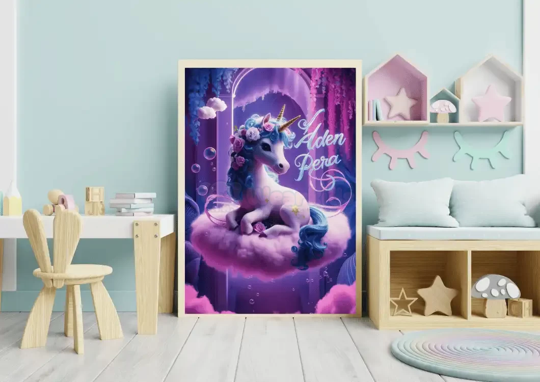 Personalized Unicorn Digital Art Print Custom Name Sign Whimsical Pastel Scene Neon Accents 3D Render and Vibrant Typography